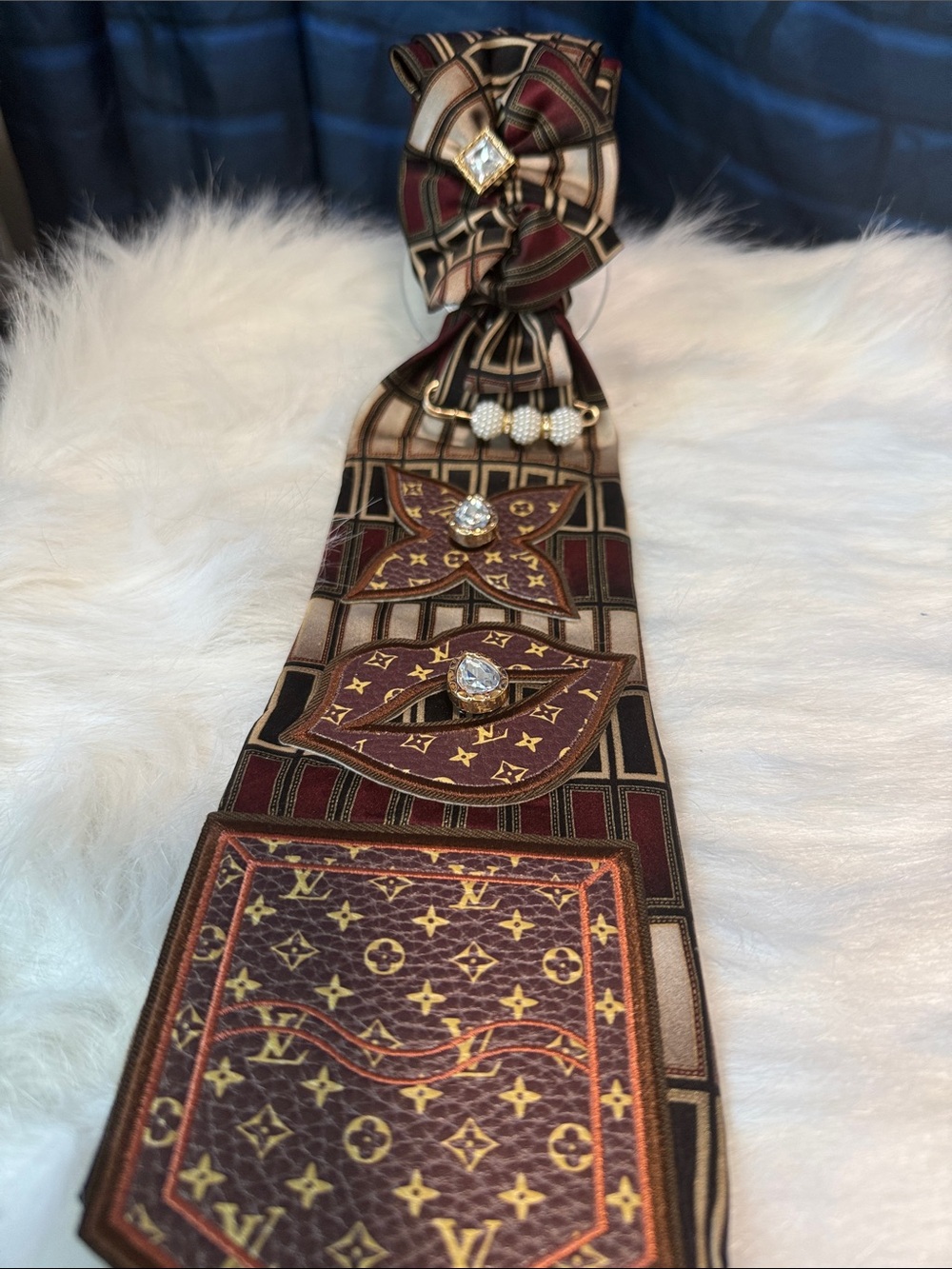 Luxury Brown & Burgundy Patterned Silk Junk Tie with Crystal Accents